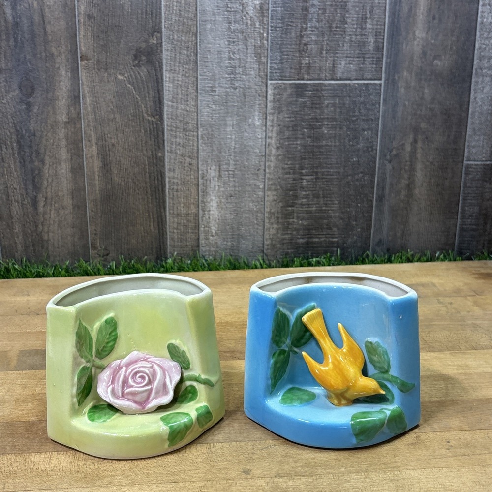 Vintage MCM Ceramic Corner Wall Pocket Planters Rose Bird 1940s 1950s Pair